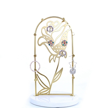 Marble Pedestal with Iron Jewelry Holder, Hanging Jewelry Stand Organiser Storage, Flower, 14.5x14.5x24cm