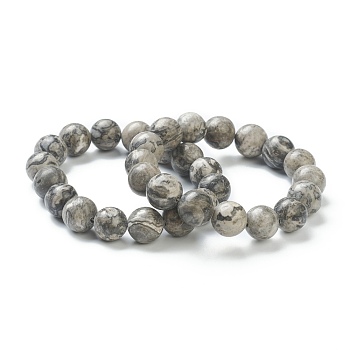 Natural Map Stone Beaded Stretch Bracelets, Round, Beads: 12~12.5mm, Inner Diameter: 2-1/8 inch(5.4cm)