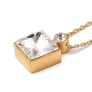 Glass Square Pendant Necklace, Real 18K Gold Plated 304 Stainless Steel Necklace, Clear, 18.43 inch(46.8cm)