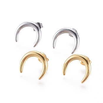 304 Stainless Steel Stud Earrings, Hypoallergenic Earrings, with Ear Nuts, Crescent Moon/Double Horn, Mixed Color, 14.5x12.5x1.5mm, Pin: 0.6mm, 6pairs/card