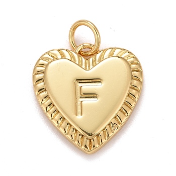 Rack Plating Real 18K Gold Plated Brass Pendants, with Jump Rings, Long-Lasting Plated, Lead Free & Cadmium Free & Nickel Free, Heart with Letter A~Z, Letter.F, 16x15x2.5mm, Jump Ring: 5x0.5mm, 3mm Inner Diameter