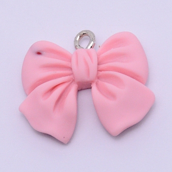 Resin Pendants, with Platinum Plated Iron Screw Eye Pin Peg Bails, Bowknot, Pearl Pink, 19x22x5mm, Hole: 1.8mm
