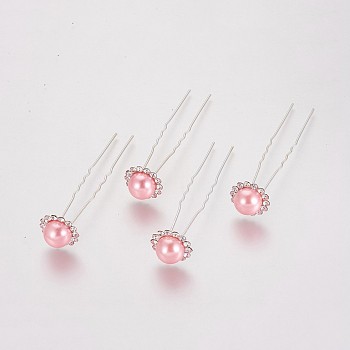(Defective Closeout Sale), Lady's Hair Forks, with Silver Color Plated Iron Findings, Acrylic Imitation Pearl and Rhinestone, Flower, Crystal, Pink, 75mm