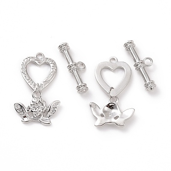Brass Toggle Clasps, Heart with Cupid, Platinum, Bar: 24.5x8x4.5mm, Hole: 2.5mm, Heart: 33x19x2.5mm, hole: 2mm