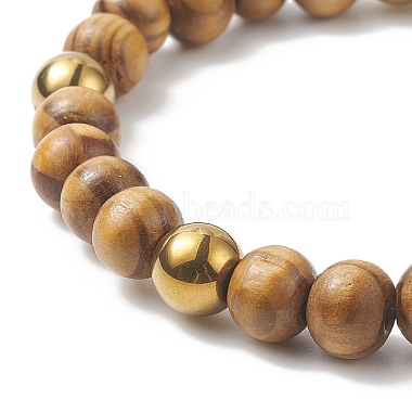 Natural Wood & Synthetic Hematite Round Beaded Stretch Bracelet for Women(BJEW-JB09148)-3