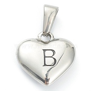 304 Stainless Steel Pendants, Heart with Black Letter, Stainless Steel Color, Letter.B, 16x16x4.5mm, Hole: 7x3mm(X-STAS-P278-01B-P)