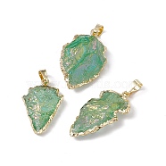 Electroplated Natural Quartz Crystal Pendants, Arrow Charms, with Rack Plating Golden Tone Brass Findings, Dark Sea Green, 29~35x18~19x7~9.5mm, Hole: 8x5mm(G-L479-45G-02)