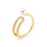 Round Brass Micro Pave Clear Cubic Zirconia with Plastic Pearl Open Cuff Rings, Long-Lasting Plated, Golden, US Size 6(16.5mm)(RJEW-G309-51G)