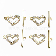 Alloy Rhinestone Toggle Clasps, Cadmium Free & Nickel Free & Lead Free, Heart, Real 16K Gold Plated, Heart: 17x25.5x2.5mm, Hole: 1.5mm, Bar: 29.5x6x2mm, Hole: 2mm(PALLOY-Q441-023-NR)