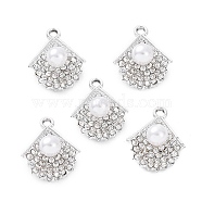 Alloy Rhinestone Pendants, with ABS Plastic Imitation Pearl Beads, Fan Charm, Platinum, 19.5x16x7.5mm, Hole: 2mm(ALRI-C008-73P)