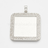 Alloy Pendant Cabochon Settings, Cadmium Free & Lead Free, Picture Memory Frame Pendants, with Rhinestone, Square, Platinum, Tray: 25x25mm, 36.5x33.5x2.5mm, Hole: 4mm(PALLOY-S108-05P)