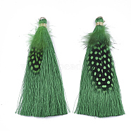 Polyester Tassel Big Pendant Decorations, with Feather and Iron Findings, Sea Green, 96~100x7mm, Hole: 5mm(FIND-T043-08)