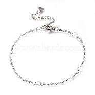 304 Stainless Steel Cable Chain Anklets, with Heart Links and Lobster Claw Clasps, Stainless Steel Color, 9-1/4 inch(23.5cm)(AJEW-M026-10P)
