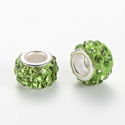 Polymer Clay Rhinestone European Beads, Large Hole Rondelle Beads, with Platinum Plated Alloy Cores, Peridot, 10~12x7mm, Hole: 5mm(CPDL-E038-03)