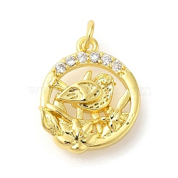 Rack Plating Brass Micro Pave Cubic Zirconia Pendants, Long-Lasting Plated, Lead Free & Cadmium Free, Round with Bird & Flower, Real 18K Gold Plated, 15.5x13x3mm, Hole: 3mm(KK-S396-53G)