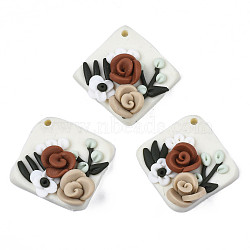 Handmade Polymer Clay Pendants, Rhombus with Rose Flower, Saddle Brown, 27~28x27.5~28.5x8mm, Hole: 1.8mm(CLAY-N010-058)