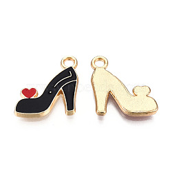 Alloy Stilettos Pendants, with Enamel, High-Heeled Shoes, with Heart, Light Gold, Black, 16x14x2mm, Hole: 2mm(X-ENAM-S119-035A)