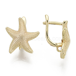 Brass Hoop Earring Findings with Latch Back Closure, with Horizontal Loop, Nickel Free, Starfish Shape, Real 18K Gold Plated, 18x17mm, Hole: 1.6mm, Pin: 1~1.2mm(KK-S348-508-NF)