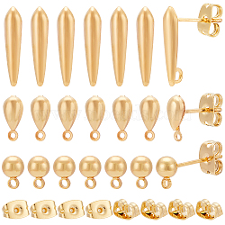 30Pcs 3 Style Ball & Teardrop Brass Stud Earring Findings, with Loops & 30Pcs Friction Ear Nuts, Real 18K Gold Plated, 12~15x3.5~9x3~4mm, Hole: 0.9~1.4mm, Pin: 0.7mm, 10Pcs/style(KK-BC0012-24)