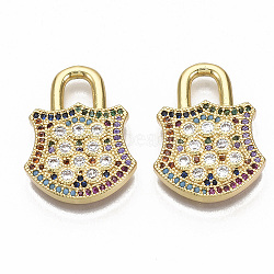 Brass Micro Pave Cubic Zirconia Pendants, Nickel Free, Lock, Real 16K Gold Plated, Colorful, 23.5x17.5x3mm, Hole: 4x5mm(ZIRC-R110-004-NF)