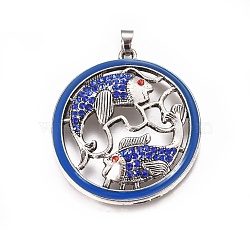 Antique Silver Plated Alloy Enamel Pendants, with Rhinestone, Flat Round with Carp, Sapphire, 48.5x44x5mm, Hole: 5x6.5mm(ALRI-L046-A01-AS)