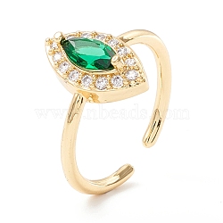 Green Cubic Zirconia Horse Eye Cuff Ring, Exquisite Brass Open Ring for Women, Cadmium Free & Lead Free, Real 18K Gold Plated, US Size 6 1/2(16.9mm)(KK-D067-36G-RS)