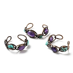 Natural Turquoise & Amethyst Open Cuff Bangle, Red Copper Plated Brass Wire Wrap Hollow Bangle for Women, Cadmium Free & Lead Free, Inner Diameter: 2~2-1/8x1-7/8(50~53x47~48mm)(G-D468-07R)