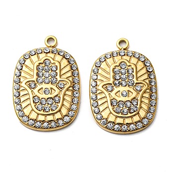 304 Stainless Steel Pendants, with Crystal Rhinestone, Oval with Hamsa Hand Charm, Real 14K Gold Plated, 22.5x15x2.5mm, Hole: 1.6mm