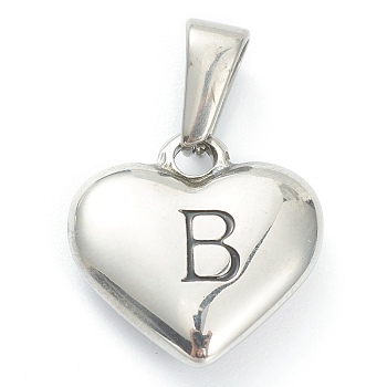 304 Stainless Steel Pendants, Heart with Black Letter, Stainless Steel Color, Letter.B, 16x16x4.5mm, Hole: 7x3mm