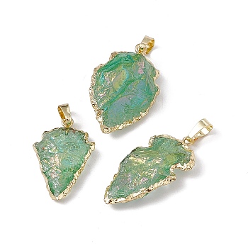 Electroplated Natural Quartz Crystal Pendants, Arrow Charms, with Rack Plating Golden Tone Brass Findings, Dark Sea Green, 29~35x18~19x7~9.5mm, Hole: 8x5mm
