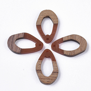 Resin & Walnut Wood Pendants, Teardrop, Indian Red, 28x17.5x3mm, Hole: 1.8mm