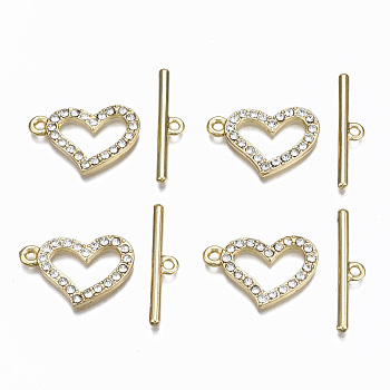 Alloy Rhinestone Toggle Clasps, Cadmium Free & Nickel Free & Lead Free, Heart, Real 16K Gold Plated, Heart: 17x25.5x2.5mm, Hole: 1.5mm, Bar: 29.5x6x2mm, Hole: 2mm