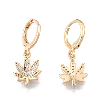 Clear Cubic Zirconia Maple Leaf Dangle Leverback Earrings, Brass Jewelry for Women, Cadmium Free & Nickel Free & Lead Free, Real 18K Gold Plated, 27mm, Pin: 1mm