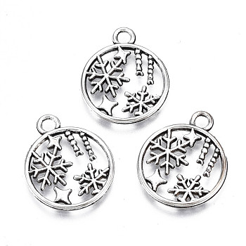 Tibetan Style Alloy Pendants, Lead Free & Cadmium Free, FLat Round with Snowflake, Antique Silver, 19x16x1.5mm, Hole: 2mm, about 568pcs/500g