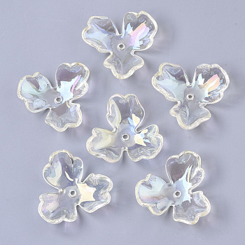 Transparent Acrylic Bead Caps, AB Color Plated, 3-Petal Flower, Clear AB, 36x39x11mm, Hole: 2.2mm