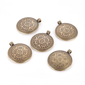 Tibetan Style Flat Round with Flower Alloy Big Pendants, Lead Free & Nickel Free & Cadmium Free, Antique Bronze, 54x46.5x2.5mm, Hole: 5mm, about 86pcs/1000g