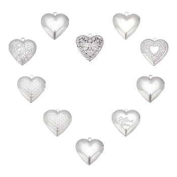 304 Stainless Steel Diffuser Locket Pendants, Photo Frame Charms for Necklaces, Heart, Stainless Steel Color, 10pcs/box