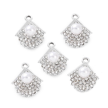 Alloy Rhinestone Pendants, with ABS Plastic Imitation Pearl Beads, Fan Charm, Platinum, 19.5x16x7.5mm, Hole: 2mm