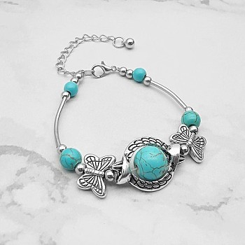 Synthetic Turquoise Bead Braceles, with Stainless Steel Beads, Butterfly, No Size