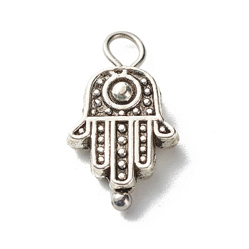 Tibetan Style Alloy Hamsa Hand Beads Pendants, with 304 Stainless Steel Ball Head pins, Antique Silver, 18x10x4mm, Hole: 3.3x2.4mm