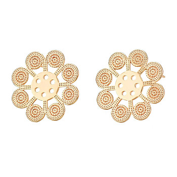 Brass Stud Earring Findings, with Vertical Loop, Cadmium Free & Nickel Free & Lead Free, Flower, Real 18K Gold Plated, 25x25mm, Hole: 1.5mm, Pin: 0.8mm