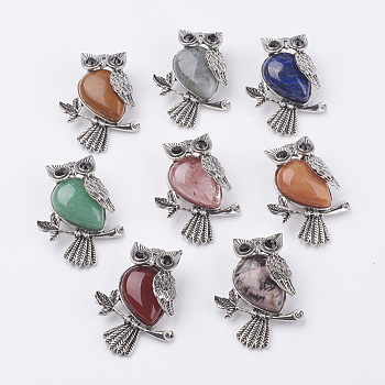 Natural & Synthetic Mixed Stone Pendants, with Alloy Finding, Owl, Antique Silver, 46.5x35.5x11.5mm, Hole: 6x8.5mm