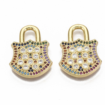 Brass Micro Pave Cubic Zirconia Pendants, Nickel Free, Lock, Real 16K Gold Plated, Colorful, 23.5x17.5x3mm, Hole: 4x5mm