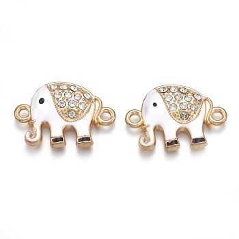 Alloy Links connectors, Cadmium Free & Lead Free, with Enamel and Rhinestone, Elephant, Light Gold, Crystal, Creamy White, 16x23x4.5mm, Hole: 2mm