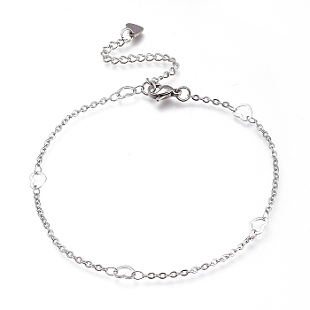 304 Stainless Steel Cable Chain Anklets, with Heart Links and Lobster Claw Clasps, Stainless Steel Color, 9-1/4 inch(23.5cm)