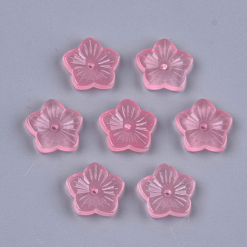 Transparent Spray Painted Glass Beads, Flower, Flamingo, 12.5x13x2.5mm, Hole: 1mm