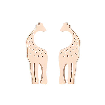 304 Stainless Steel Hollow Out Giraffe Stud Earrings, Asymmetrical Earrings for Women, Rose Gold, 10x4mm
