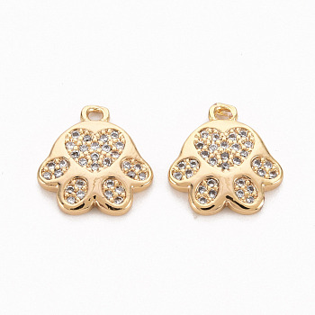 Brass Micro Pave Clear Cubic Zirconia Charms, Nickel Free, Paw Print, Real 18K Gold Plated, 13x12x2mm, Hole: 1.4mm