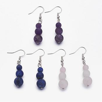 Natural Gemstone Beads Dangle Earrings, with Platinum Tone Brass Earring Hooks, Mixed Color, 47mm, pin: 0.6mm