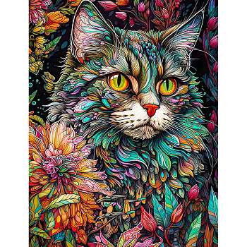 AB Color Flower Cat DIY Diamond Painting Kit, Including Resin Rhinestones Bag, Diamond Sticky Pen, Tray Plate and Glue Clay, Gold, 400x300mm